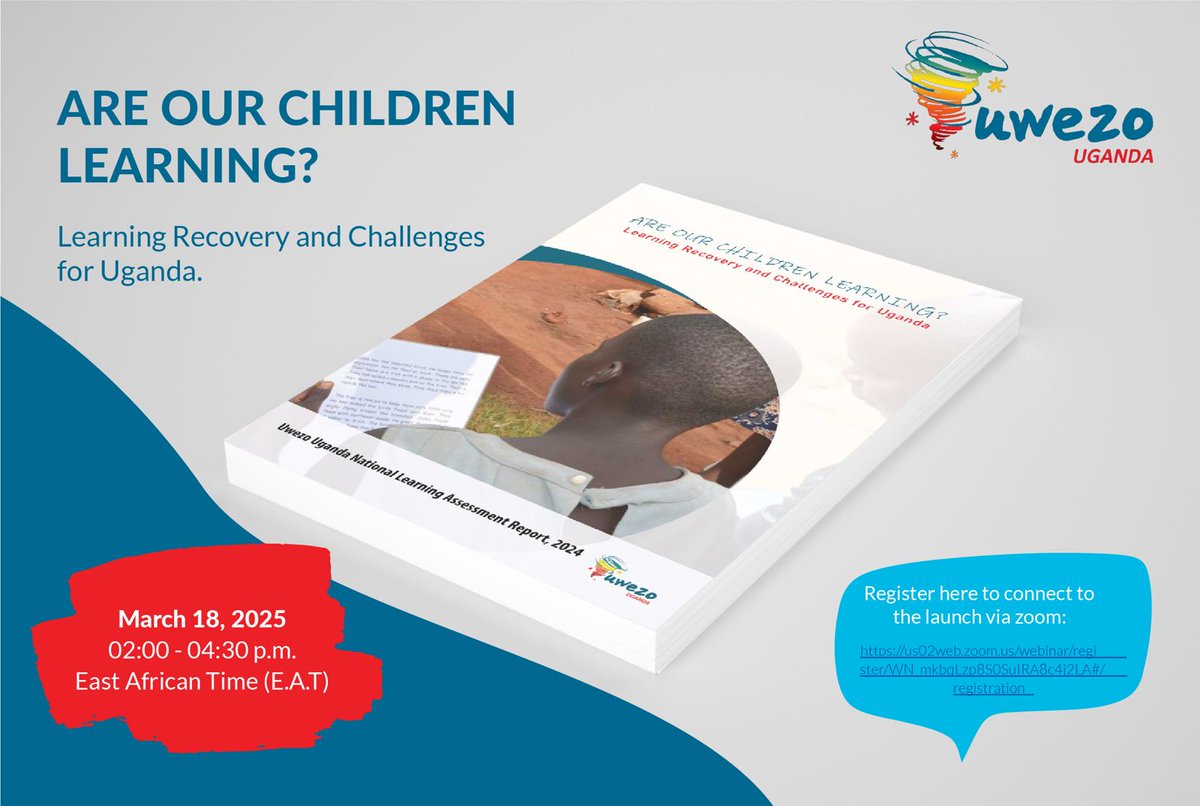 Today, <a href="/UwezoUganda/">Uwezo Uganda</a> is launching the 2024 Uwezo National Learning Assessment Report, "Are Our Children Learning? Learning Recovery and Challenges for Uganda."
Date: 18/3/2025
Time: 2:00pm - 4:30pm EAT
Please register here: us02web.zoom.us/webinar/regist…
Welcome!