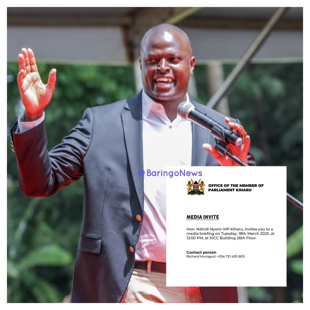 UPDATE: KIHARU MP Hon. Ndindi Nyoro is set to address the media this afternoon from his office in KICC, Nairobi.

What do you expect of his media address?