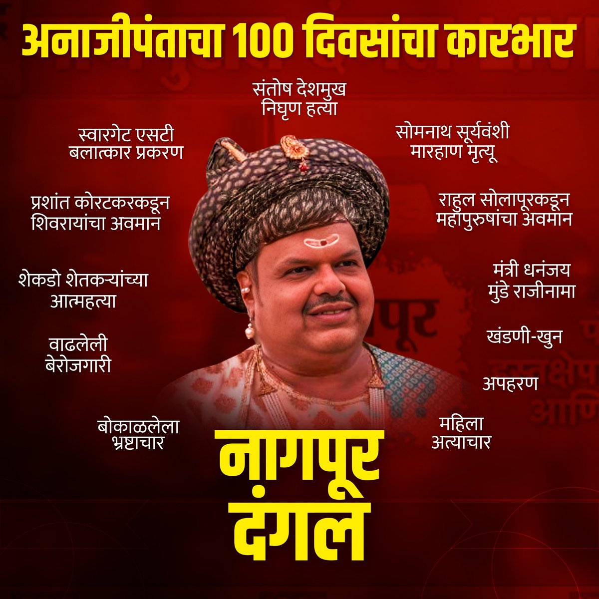 Mahadev_Balgude's tweet image. काल परवा सरकारला 100 दिवस पूर्ण झाले.
अपहरण, खुन, बलात्कार, खंडणी, दंगल, भ्रष्टाचार, शेतकऱ्यांच्या आत्महत्या, बेरोजगारी.. सगळीकडे नुसती बजबजपूरी माजली आहे.