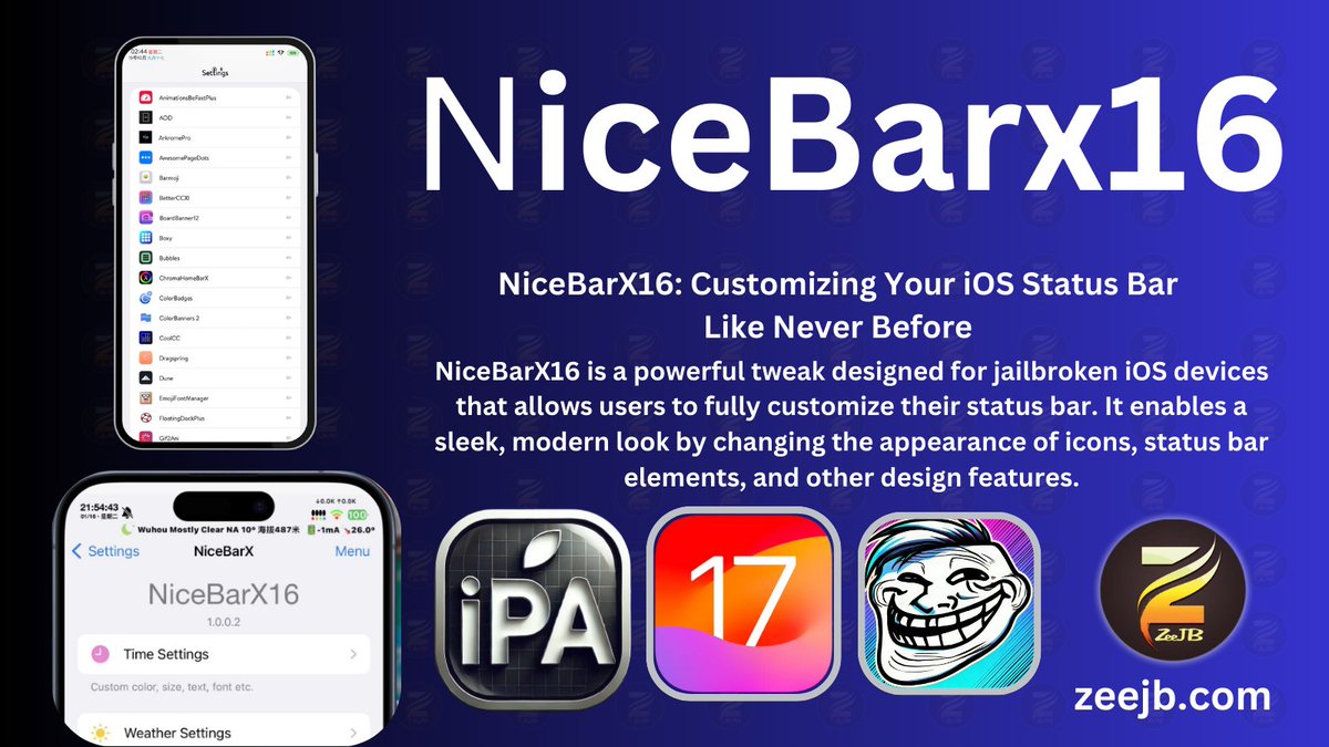 ZeeJailbreak's tweet photo. NiceBarX16 π₯π
Link: https://t.co/PDEC416Jkl
Are you looking to enhance iPhone status bar aesthetics and functionality? NiceBarX16 is the ultimate tweak that allows you to fully customize your status bar.
#NiceBarX #iOS #StatusBar #Customization https://t.co/u8zXbNcCbX