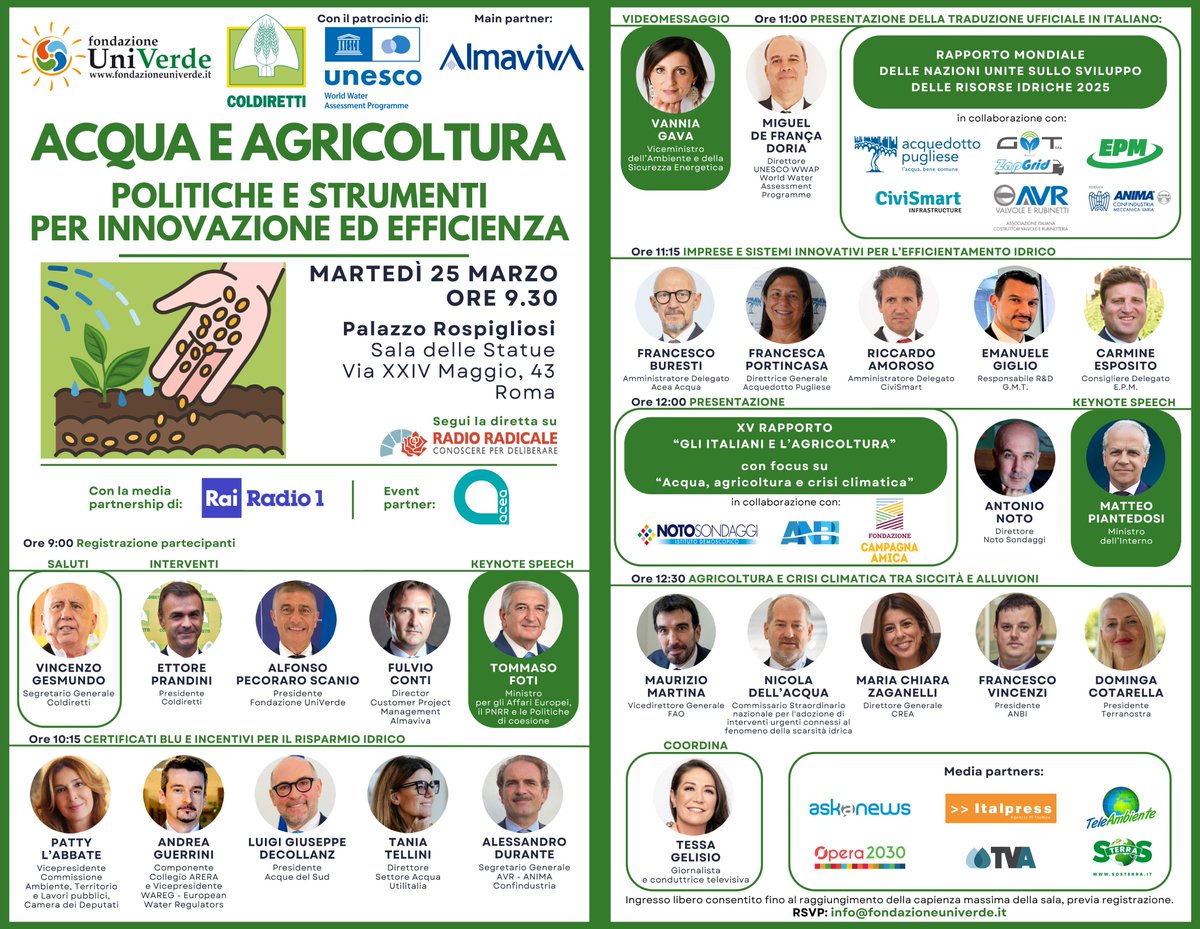 👩🏼‍🌾🚰 ACQUA E AGRICOLTURA: politiche e strumenti per innovazione ed efficienza 
​📌 25 marzo, 9.30, Palazzo Rospigliosi – ROMA
​​🇮🇹 Pres. Rapporto mondiale delle Nazioni Unite su sviluppo risorse idriche 2025 in lingua italiana e XV Rapporto “Gli italiani e l’agricoltura”