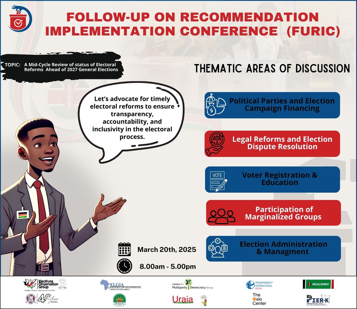 Two years post-2022, electoral reforms remain stalled. What progress has been made? Where are we failing? #FURIC2025 brings together key actors to take stock of reforms and set a roadmap to 2027. Join the conversation! #EyesOnElections