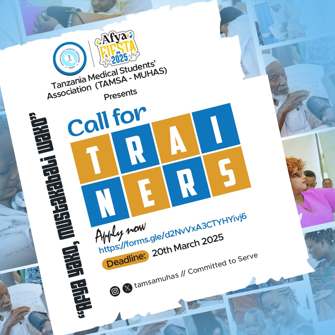 🚀 Become a Volunteer Trainer for #AfyaFiesta25! 🚀

Help equip volunteers to lead medical camps, outreach programs, and awareness campaigns across Dar! 🌍

Ready to make an impact? Apply now: forms.gle/d2NvVxA3CTYHYi…

#AfyaFiesta25 #VolunteerTrainers