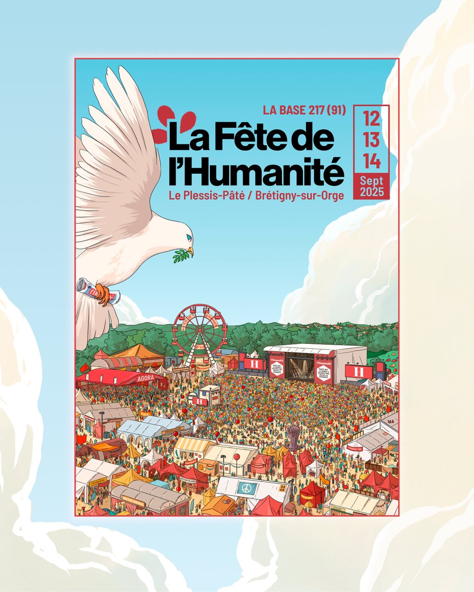 FetedelHumanite's tweet photo. Toute l'équipe de la Fête est fière de dévoiler l'affiche de cette édition 90ème édition, une œuvre inédite signée par l'artiste KAAH.

Pour la première fois, l'affiche illustre ce qu’est la Fête de l'Humanité avec ses symboles, ses lieux emblématiques, mais aussi celles et ceux qui la font vivre. 

Chacun.e peut s'y projeter. On peut s'y voir arpenter l'Avenue Olympe de Gouges, vibrer devant la scène Angela Davis, s’engager dans un débat passionné à l'Agora. Chaque personnage esquissé par Kaah est unique, à l'image de cette Fête, de son héritage et des générations qui la font vivre.

La paix est au cœur de cette édition, à l’image de cette colombe qui s’élève, portant un rameau d’olivier et le journal de Jaurès. Messagère d’espoir, elle danse dans le ciel et rappelle que, malgré les tempêtes, l’horizon peut s’éclaircir.

Ici, c'est la Fête qui prend vie, foisonnante, colorée, vibrante, habitée par une énergie collective et une farouche envie d'avenir.

La Fête de l'Humanité est un espace de paix, de rencontres, d'émancipation, de sororité et de luttes. Face à la montée des idées d'extrême droite et du rejet de l'autre, elle répond par la culture, la solidarité et la joie d'être ensemble.

Les 12, 13 et 14 septembre 2025, cette affiche prendra vie. Ensemble, la Fête de l'Humanité sera plus que jamais un lieu d'histoire, de résistance et d'espoir.