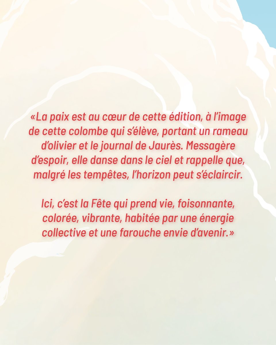 FetedelHumanite's tweet photo. Toute l'équipe de la Fête est fière de dévoiler l'affiche de cette édition 90ème édition, une œuvre inédite signée par l'artiste KAAH.

Pour la première fois, l'affiche illustre ce qu’est la Fête de l'Humanité avec ses symboles, ses lieux emblématiques, mais aussi celles et ceux qui la font vivre. 

Chacun.e peut s'y projeter. On peut s'y voir arpenter l'Avenue Olympe de Gouges, vibrer devant la scène Angela Davis, s’engager dans un débat passionné à l'Agora. Chaque personnage esquissé par Kaah est unique, à l'image de cette Fête, de son héritage et des générations qui la font vivre.

La paix est au cœur de cette édition, à l’image de cette colombe qui s’élève, portant un rameau d’olivier et le journal de Jaurès. Messagère d’espoir, elle danse dans le ciel et rappelle que, malgré les tempêtes, l’horizon peut s’éclaircir.

Ici, c'est la Fête qui prend vie, foisonnante, colorée, vibrante, habitée par une énergie collective et une farouche envie d'avenir.

La Fête de l'Humanité est un espace de paix, de rencontres, d'émancipation, de sororité et de luttes. Face à la montée des idées d'extrême droite et du rejet de l'autre, elle répond par la culture, la solidarité et la joie d'être ensemble.

Les 12, 13 et 14 septembre 2025, cette affiche prendra vie. Ensemble, la Fête de l'Humanité sera plus que jamais un lieu d'histoire, de résistance et d'espoir.