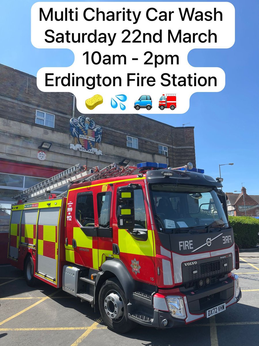🧽CHARITY CAR WASH 🧽 

Saturday 22nd March, Erdington Fire Station are hosting a Car Wash in aid of several charities. 

It will run from 10am - 2pm. Access will be through the rear gate of the station.

Please donate generously, we look forward to seeing you all this Saturday!