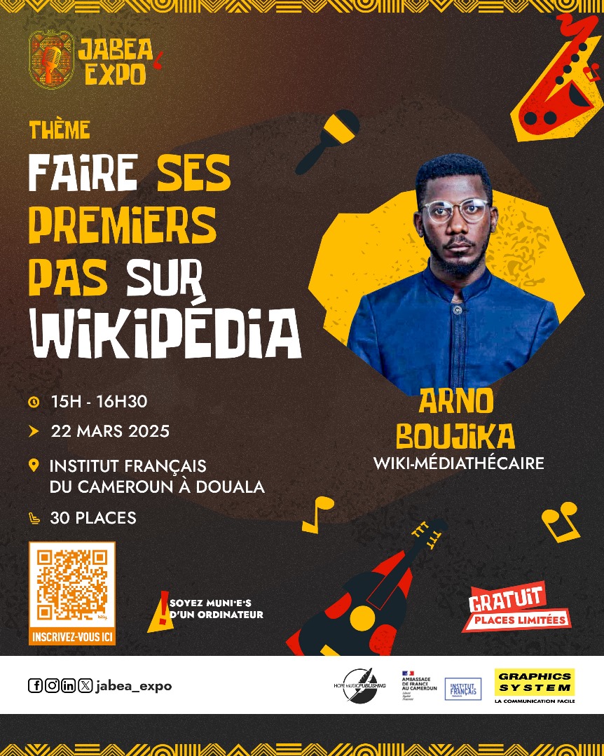 En marge de Jabea Expo, participez à une formation Wikipédia enrichissante avec <a href="/ABoujika/">ArnoBOUJIKA</a> le 22 mars à Douala. 

Inscriptions : bit.ly/Jabex
Ps: Places limitées 
#Jabex #JabeaExpo #Cameroun #IFC #Formation #Wikipedia