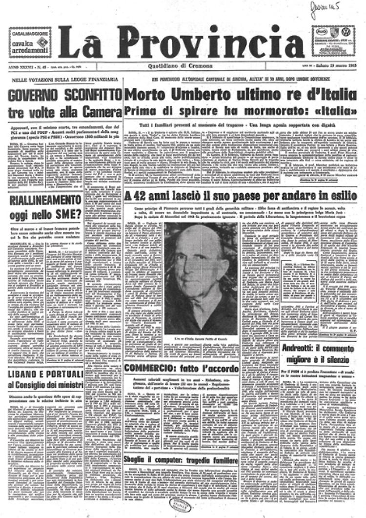 mariobianchi18's tweet photo. Il #18marzo 1983 moriva #UmbertoII. Salì al trono il 9-5-1946 dopo l'abdicazione del padre: vi rimase solo fino al referendum del 2-6-1946 che istituì la Repubblica; di qui l'appellativo di "Re di maggio". Il 13-6 abbandonò l'Italia e prese dimora prima ad Oporto poi a Cascais. https://t.co/lxnoiMtUqA