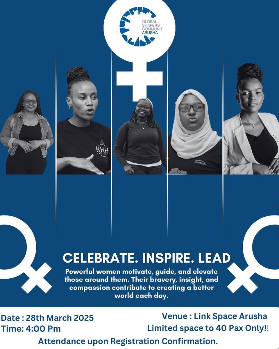 🚀 Hello Shapers! 💙

This #WomensMonth, we gather to:

🌟 Celebrate. Inspire. Lead. 🌟

Join us for a powerful Fireside Chat honoring Arusha’s iconic women! 🗣️✨

📅 Fri, 28th March | ⏰ 4:00 PM
📍 @linkspacearusha

RSVP now: forms.gle/H166mEkk1SvbRq…

#CelebrateInspireLead