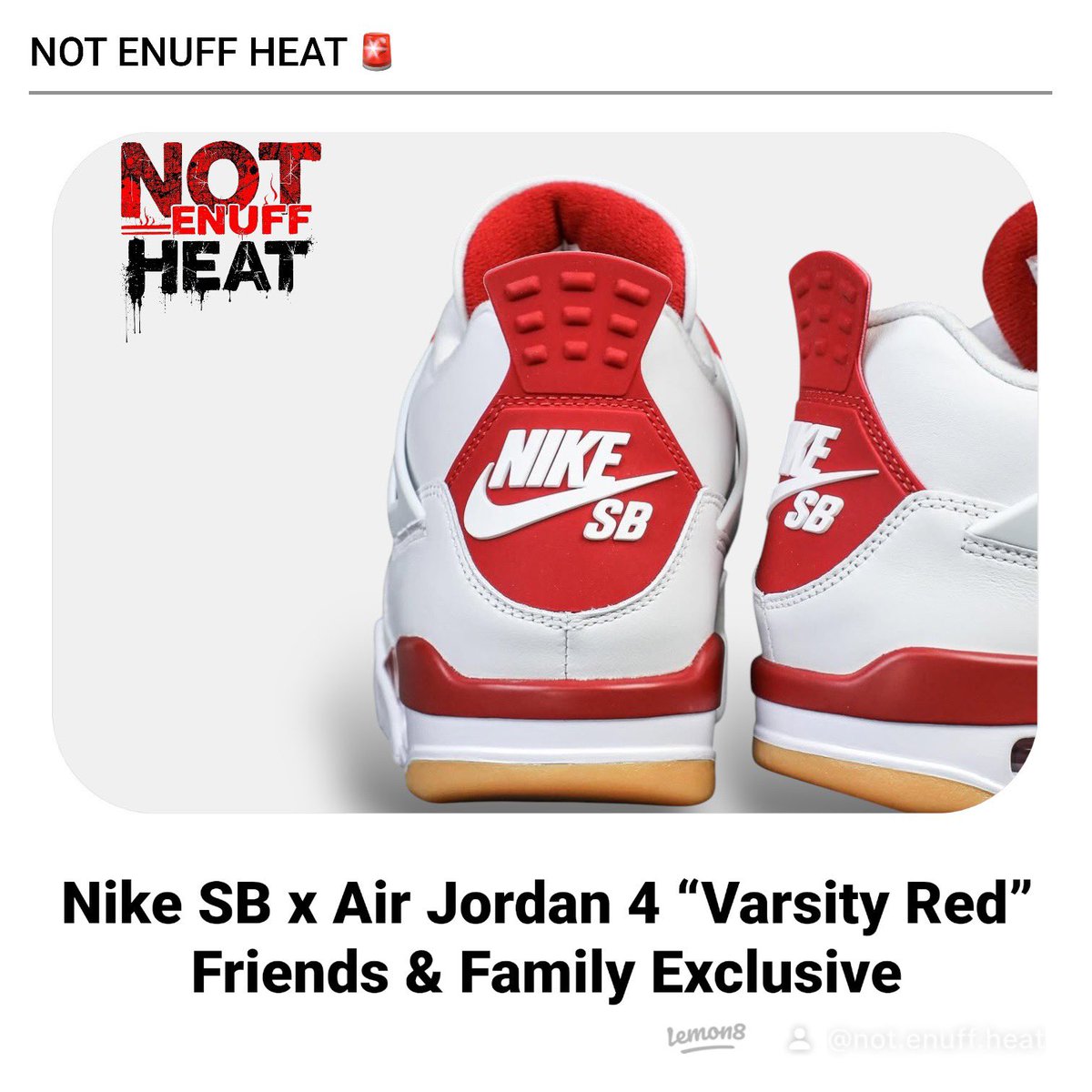 notenuffheat's tweet photo. Nike SB x Air Jordan 4 “Varsity Red” Friends &amp; Family Exclusive 

Skate culture meets sneaker heat! The Nike SB x Air Jordan 4 “Varsity Red” brings premium style and performance, but only for the lucky few. A true fusion of heritage and hype would you rock these? https://t.co/8i1c6t0j2I