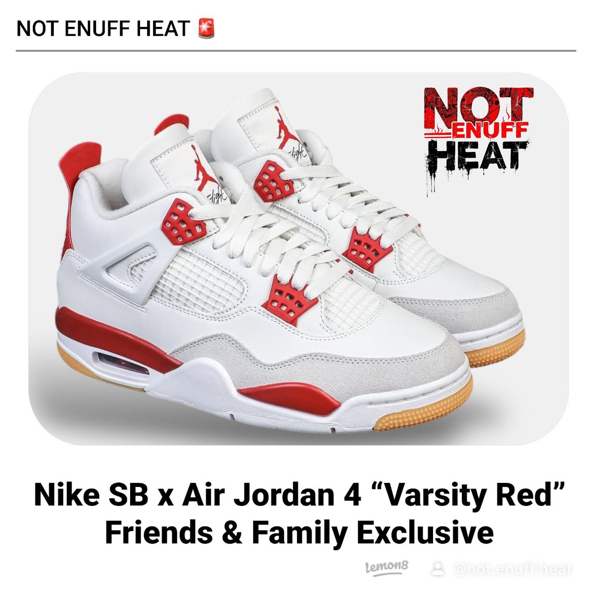 notenuffheat's tweet photo. Nike SB x Air Jordan 4 “Varsity Red” Friends &amp; Family Exclusive 

Skate culture meets sneaker heat! The Nike SB x Air Jordan 4 “Varsity Red” brings premium style and performance, but only for the lucky few. A true fusion of heritage and hype would you rock these? https://t.co/8i1c6t0j2I