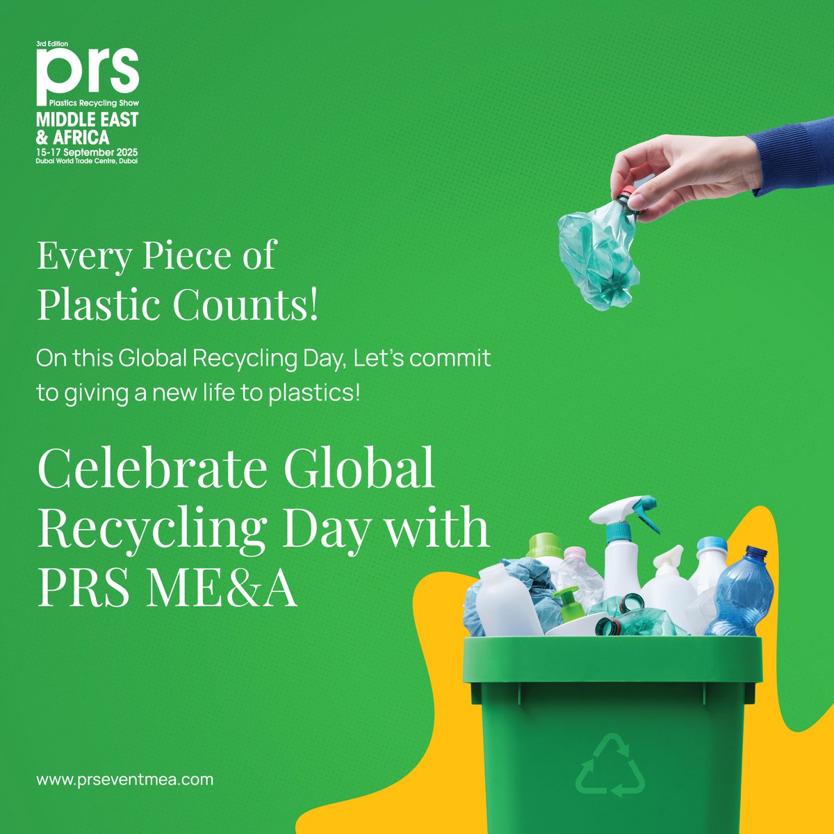 This Global Recycling Day, let's drive change across the Middle East &amp; Africa! ♻️🌍

 Join us in transforming waste into opportunity with PRS ME&amp;A 2025!

#GlobalRecyclingDay #PRSMEA #Sustainability #PlasticsRecycling