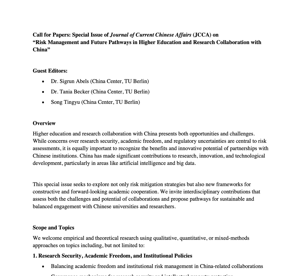 “Risk Management and Future Pathways in Higher Education and Research Collaboration with China” will be edited by Dr. Sigrun Abels, Dr. Tania Becker, &amp; Ms. Song Tingyu from China Center, TU Berlin
journals.sagepub.com/pb-assets/cmsc…