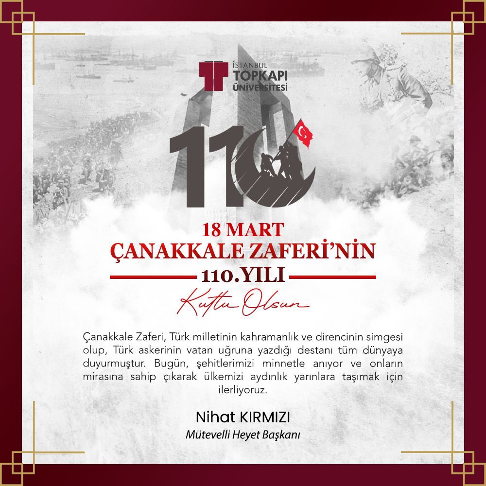 “18 Mart Çanakkale Zaferi’nin 110. yılında, vatan uğruna canlarını feda eden kahraman şehitlerimizi rahmet ve minnetle anıyorum. Bu destansı zafer, milletimizin birlik ve beraberliğinin en büyük simgesidir. #ÇanakkaleGeçilmez”