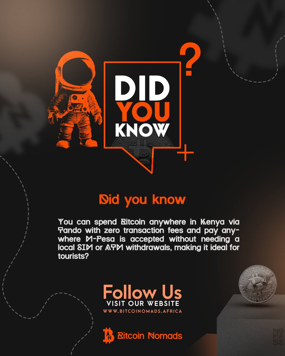 🚀 DID YOU KNOW? 🚀

You can spend #Bitcoin  anywhere in Kenya via Tando with zero fees &amp; pay where M-Pesa is accepted, no local SIM or ATM needed! 🌍💰

Perfect for travelers &amp; digital nomads! 🏕️⚡

Are you using <a href="/tando_me/">Tando</a>  to spend Bitcoin? 👇🏾