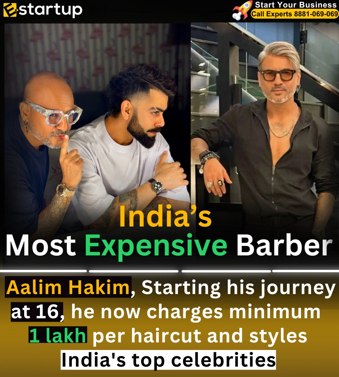 e_STARTUP_India's tweet image. Bollywood &amp;amp; Cricket’s favorite hairstylist! ✂️💸 Aalim Hakim charges ₹1 Lakh per cut – Worth it or not? 🤔💇‍♂️ #ExpensiveTaste