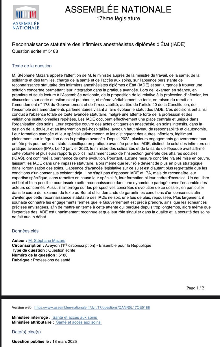 SNIA : Syndicat Nal des #IADE (@snia75) on Twitter photo Remerciements à M. le député <a href="/S_Mazars/">Stéphane Mazars</a> pour la pertinence de sa question écrite auprès de <a href="/Sante_Gouv/">Ministère de la Santé et de l'Accès aux soins</a> concernant la reconnaissance statutaire des infirmier(e)s-anesthésistes #IADE 🙏
questions.assemblee-nationale.fr/q17/17-5188QE.… Remerciements à M. le député <a href="/S_Mazars/">Stéphane Mazars</a> pour la pertinence de sa question écrite auprès de <a href="/Sante_Gouv/">Ministère de la Santé et de l'Accès aux soins</a> concernant la reconnaissance statutaire des infirmier(e)s-anesthésistes #IADE 🙏
questions.assemblee-nationale.fr/q17/17-5188QE.…