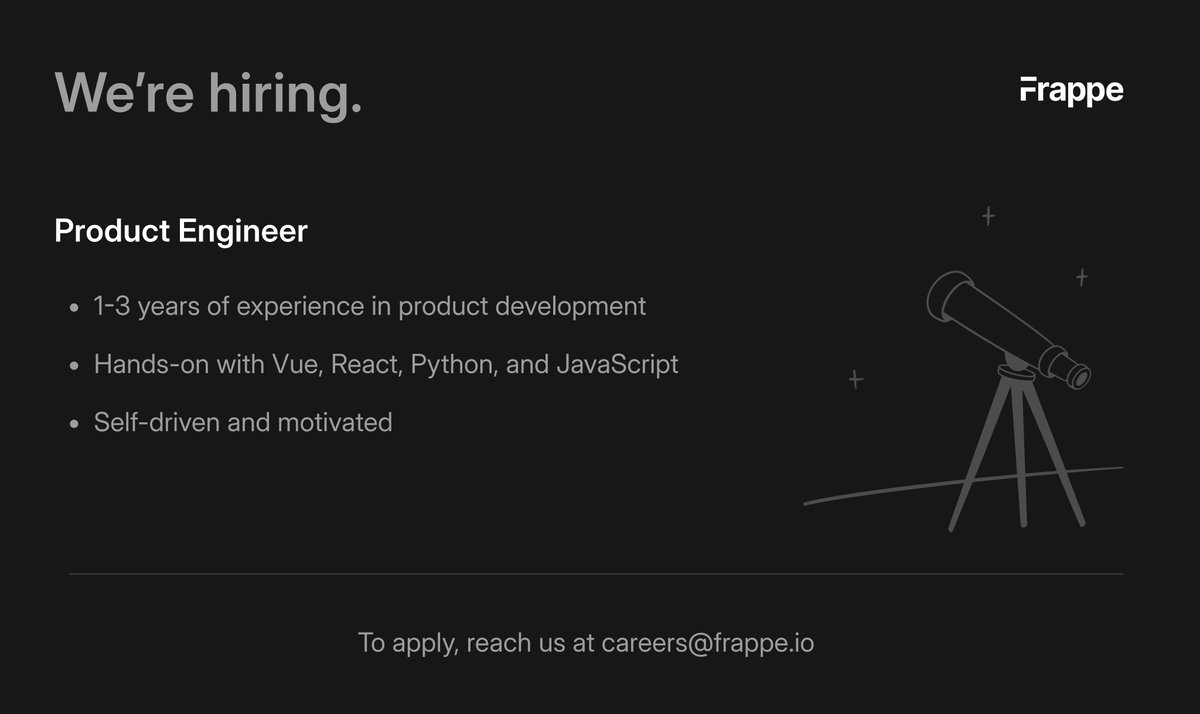 We're hiring Product Engineers to help us build amazing products at Frappe! 🚀 If you love open source, freedom, and shipping great software, apply here: frappe.io/careers/open-p…

#engineer #hiring #opensource
