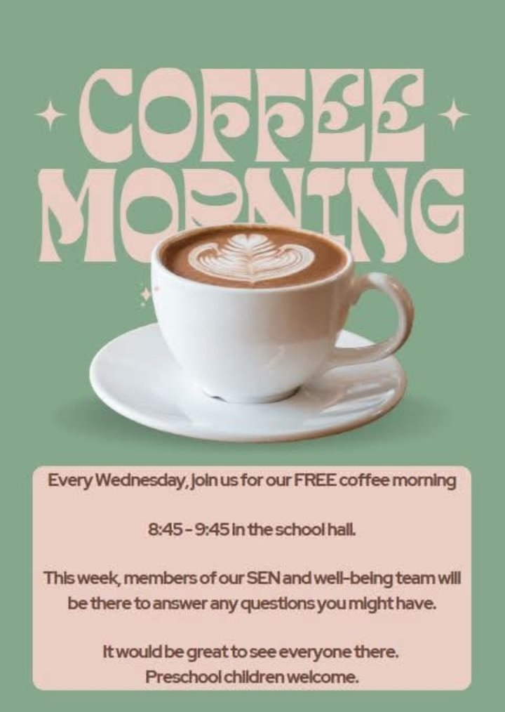 Every Wednesday, we hold a FREE coffee morning. This week, the SEND and well-being team will be there to answer any question you may have regarding children with SEND. 
Everyone is welcome.
We will also be holding another SEND focus coffee morning on the 2nd July with OKE.