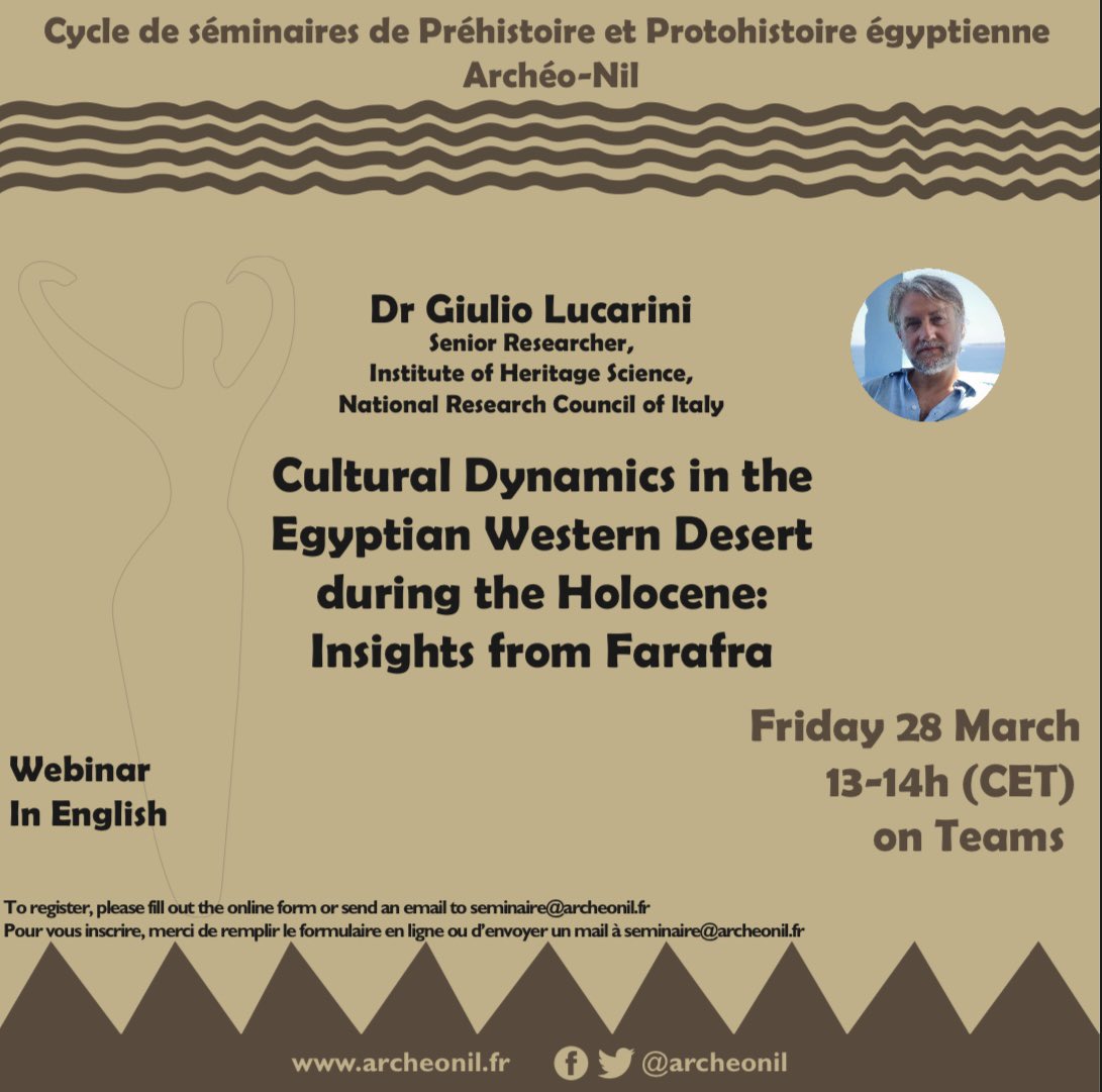 ArcheoNil's tweet image. 📆 Our next seminar will be on March 28th, at 1 pm ! It will be presented by Dr Giulio Lucarini.
📝 Register with the form (forms.gle/XBFqS3s2GH67YL…) or by sending an email to seminaire@archeonil.fr.