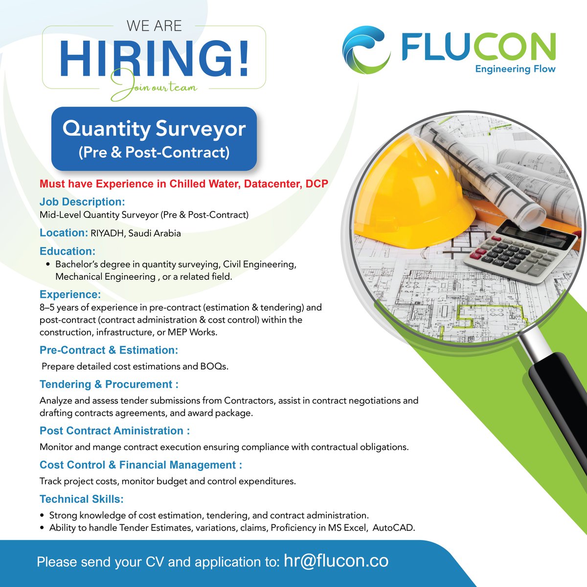 Do you have experience in

🌊 Chilled Water, Datacenter, and DCP? 🌊

🚀 Join Our Team! 🚀
This is your chance to be part of a leading engineering team in Riyadh, Saudi Arabia!

We are looking for a Quantity Surveyor (Pre &amp; Post-Contract) to join us and make an impact. Apply now!