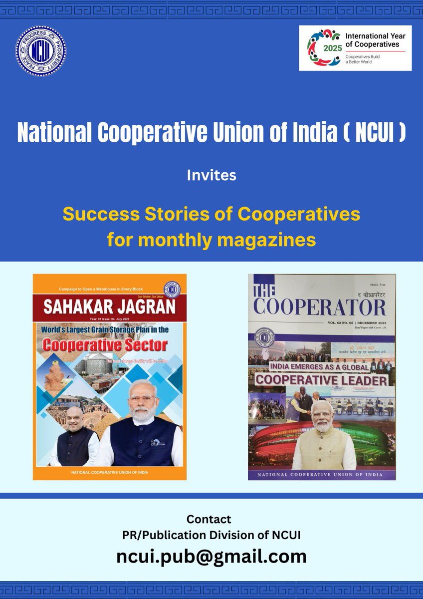 ncuicoop's tweet photo. Success stories are invited for publication in 'Sahkar Jagran' & 'The Cooperator' published by NCUI.
#SahkarJagran #Cooperator #NCUI #SahkarSeSamriddhi https://t.co/iRs5X2JfFV