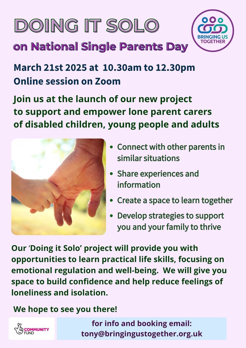 Please share. Doing It 
Solo', funded by the Big Lottery.

If you are a #loneparent of a #disabled #child #children or #adults we 
would love to hear from you.  If you know other parents who may benefit 
from this project, please forward this email to them incase they would 
like