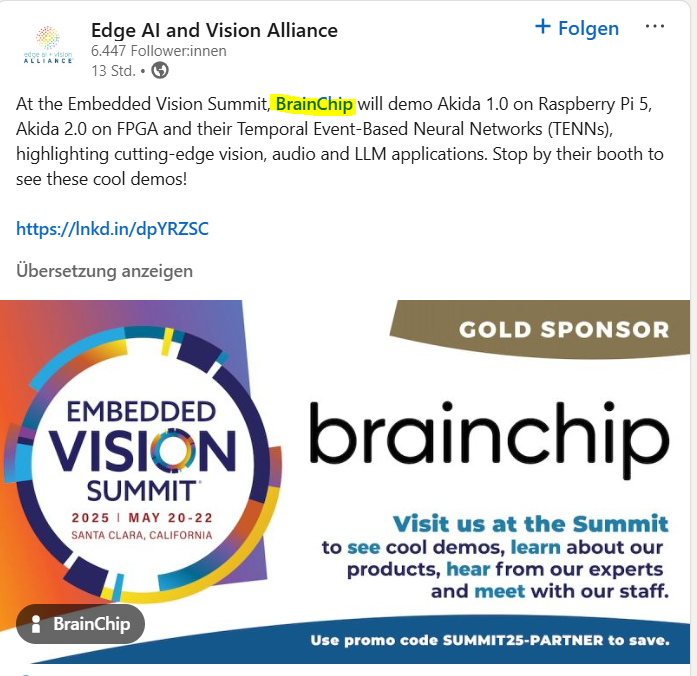At the Embedded Vision Summit, BrainChip will demo Akida 1.0 on Raspberry Pi 5, Akida 2.0 on FPGA and their Temporal Event-Based Neural Networks (TENNs), highlighting cutting-edge vision, audio and LLM applications.
<a href="/BrainChip_inc/">BrainChip</a> #BRN #AI #edge #neuromorphic #Akida #TENNs
