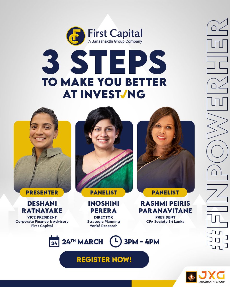 FirstCapitalLK's tweet image. Join our #FinPowerHer webinar for valuable insights to build your confidence and understanding in investing. Don’t miss an insightful panel discussion featuring industry experts. 
Register now: shorturl.at/w47hW

#FirstCapital #FinPowerHer #InvestSmart #FinancialFreedom