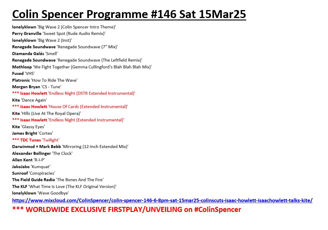Colin Spencer #AllAboutTheMusic #GenerationBlitz (@colinscuts) on Twitter photo #Tracklisting: #ColinSpencer Programme #146
â¶ïžmixcloud.com/ColinSpencer/câŠ
featured, at least, FOUR worldwide #exclusive firstplays amongst the self-released artists and output of labels inc. #Astronaut <a href="/BeAdultMusic/">Be Adult Music</a> #Dais #Fusion #LifeOnEarth <a href="/MuteUK/">Mute</a> <a href="/state_bass/">Gilberto Trentin</a> <a href="/TheFearlessFew/">The Fearless Few</a> #TVT #Tracklisting: #ColinSpencer Programme #146
â¶ïžmixcloud.com/ColinSpencer/câŠ
featured, at least, FOUR worldwide #exclusive firstplays amongst the self-released artists and output of labels inc. #Astronaut <a href="/BeAdultMusic/">Be Adult Music</a> #Dais #Fusion #LifeOnEarth <a href="/MuteUK/">Mute</a> <a href="/state_bass/">Gilberto Trentin</a> <a href="/TheFearlessFew/">The Fearless Few</a> #TVT