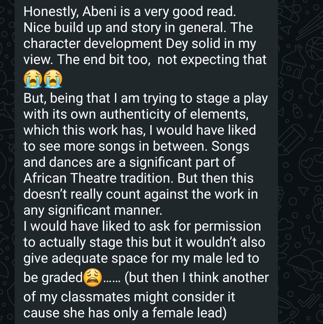 toyofashola's tweet photo. Reviews from a Theatre Arts student 🤭

Why haven't you read my book yet?

#Abeni https://t.co/jBGIXM7ULp