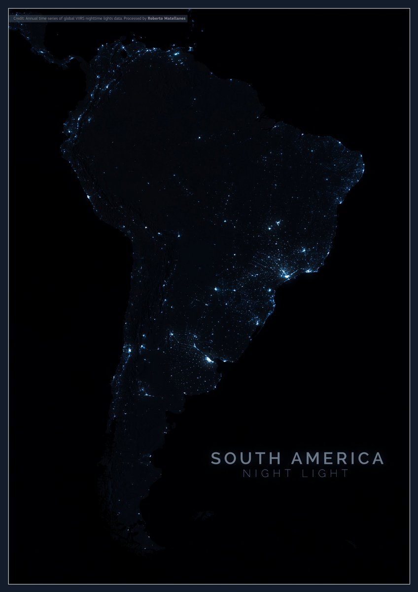 GIS_and_Beers's tweet image. ¿Sabías que los satélites también curiosean cada milímetro de luminosidad durante la noche?🛰️ 💡 
El #PostEarth 🗺️🌍🎨nº31 va dedicado a las personas que tienen luz propia y brillan en medio de la nada. América del Sur durante la noche con una recopilación de datos #VIIRS en 2024