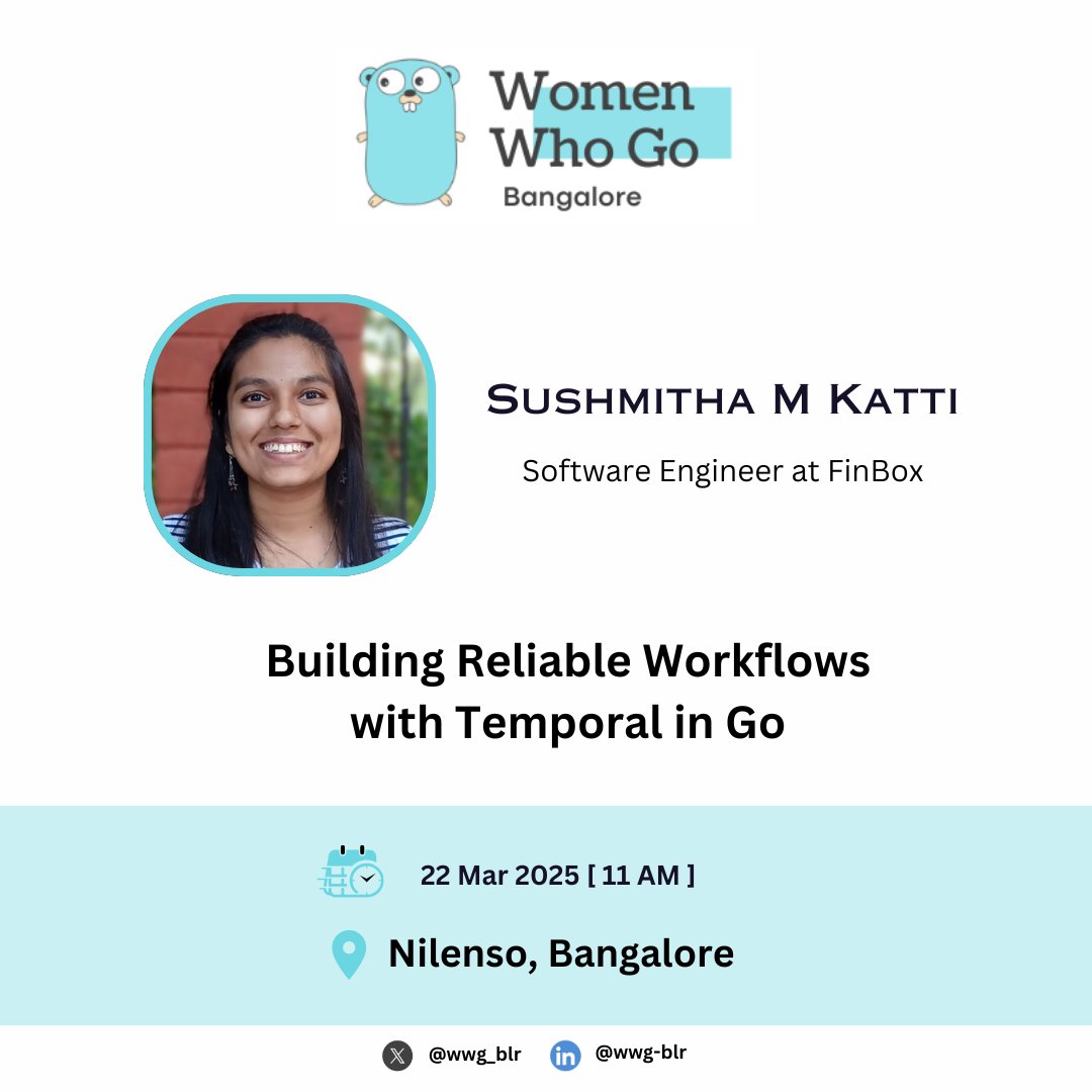 wwg_blr's tweet image. Thrilled to introduce our first speaker, @sushmitha_katti, for our upcoming meetup at @nilenso office!
She'll be sharing insights on "Building Reliable Workflows with Temporal in Go"
More details & RSVP: meetup.com/womenwhogobang…
Note: This is a women only event.