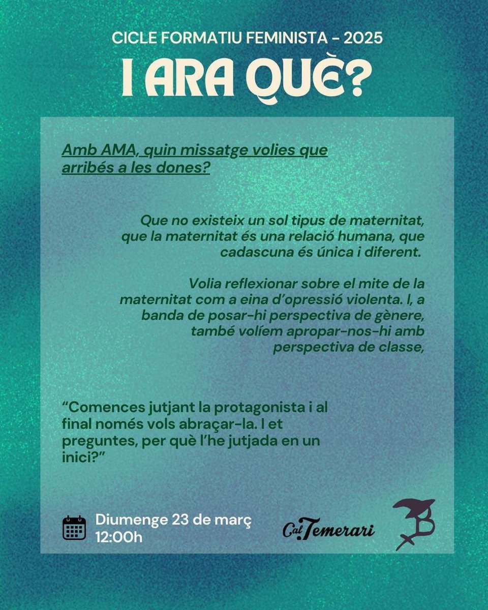 Aquest diumenge a les 12 h a <a href="/CalTemerari/">Cal Temerari</a> projectarem el curtmetratge *AMA* 🎬.  
Després podrem xerrar amb la directora, la Júlia de Paz 🗣️.  

Us deixem també algunes reflexions per anar escalfant motors 🔥. 

No us ho perdeu!