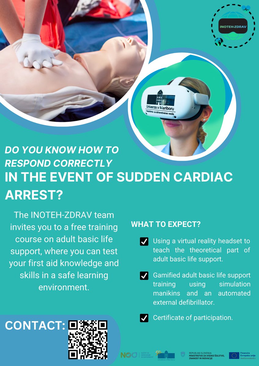 Join the free INOTEH-ZDRAV training, gain life-saving skills ❤️ and receive a certificate of participation 🏅! #univerzavmariboru #NOO #NextGenerationEU #EUsredstva #MVZI #InTECHiE #inotehzdrav