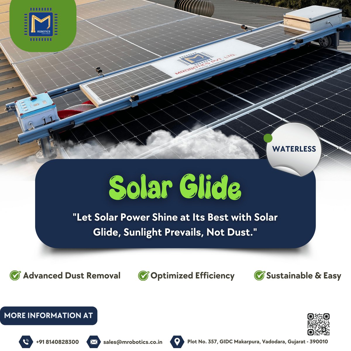 mrobotics_PLTD's tweet image. 🌞 Solar Glide – Maximize Your Solar Efficiency! 🌞Keep your solar panels dust-free &amp;amp; efficient with waterless cleaning! 🚀
✅ No Water Needed 🌱
✅ Advanced Dust Removal ☀️
✅ Boosted Efficiency ⚡
✅ Sustainable &amp;amp; Easy
📞 +91 8140828300 | 📧 sales@mrobotics.co.in
#SolarGlide