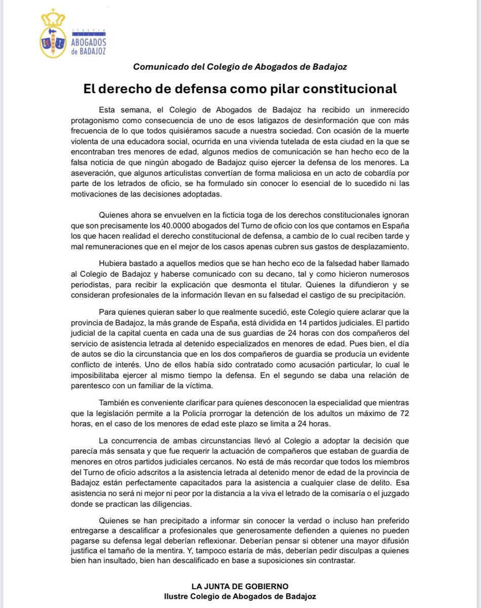 Angel Mendez ⚖️ (@amendezber) on Twitter photo La #Abogacia de #Oficio un pilar fundamental del derecho de defensa. Lo explica claramente la Junta de Gobierno del <a href="/icaba_tw/">ICA Badajoz</a>, con su Decano <a href="/IldefonsoSeller/">IldefonsoSeller</a> al frente. Apoyo total frente al injusto ataque sufrido a la esencia de nuestra profesión #Respeto #DeOficioAbogad@ (+) La #Abogacia de #Oficio un pilar fundamental del derecho de defensa. Lo explica claramente la Junta de Gobierno del <a href="/icaba_tw/">ICA Badajoz</a>, con su Decano <a href="/IldefonsoSeller/">IldefonsoSeller</a> al frente. Apoyo total frente al injusto ataque sufrido a la esencia de nuestra profesión #Respeto #DeOficioAbogad@ (+)