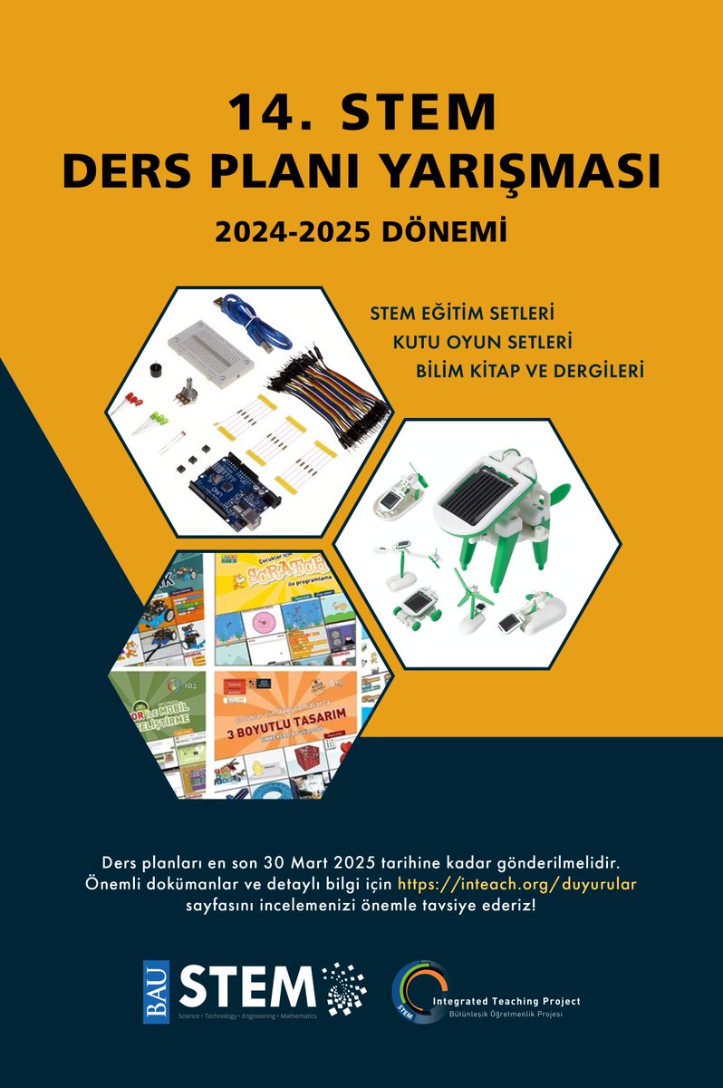 BAUSTEM's tweet image. ÖGAM @BAUSTEM Merkezinin düzenlediği 14. STEM Ders Planı Yarışması ve 4. erkenSTEM / STEMJunior Ders Planı Yarışması başvuruları devam ediyor! #STEMgelecektir #erkenSTEM #STEMjunior

Son başvuru tarihi: 30 Mart 2025

Detaylı bilgi: inteach.org/Yarisma