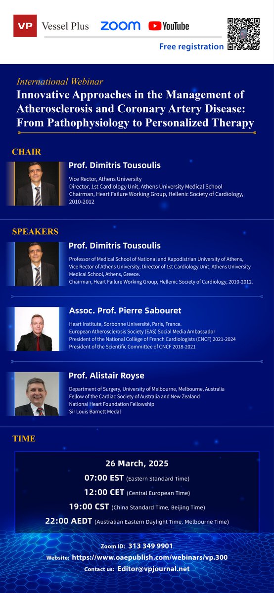 Vessel_Plus's tweet photo. 🚨Webinar Preview:
Innovative Approaches in the Management of Atherosclerosis & CAD
📅March 26, 2025
🕖12:00 CET
💡Speakers:
🔹Prof. Dimitris Tousoulis (Athens University)
🔹Assoc. Prof. Pierre Sabouret (Sorbonne Université)
🔹Prof. Alistair Royse (University of Melbourne) https://t.co/TDIcPOrdBf