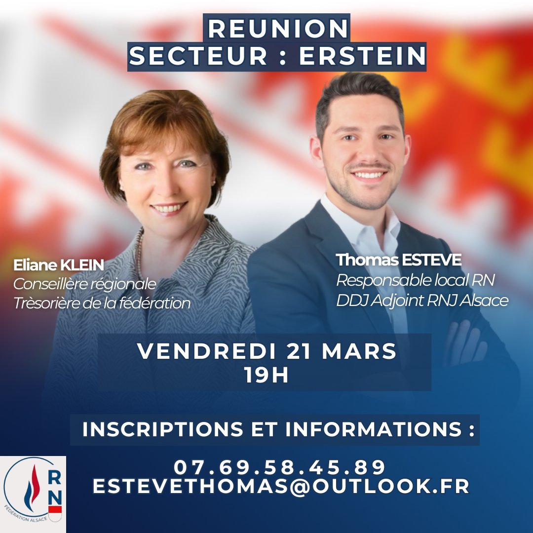 Th_ESTEVE's tweet photo. Chers Amis,
J'ai le plaisir de vous convier à une prochaine réunion de circonscription ce vendredi 21 mars à 19H à #Erstein.
Inscription par mail ou téléphone 📞
.
N'hésitez pas à ramener vos amis, votre famille ou vos connaissances : mobilisation totale !
#circo6705 https://t.co/q6rtFlhDws