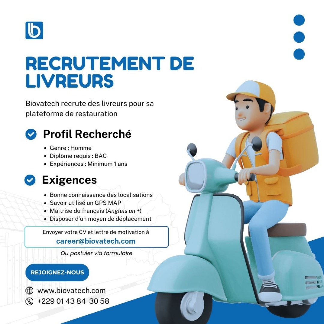 BiovaTech's tweet image. 🚀 Biovatech recrute des livreurs ! 🍽️🚴‍♂️

Postulez via ce formulaire : forms.gle/TqmGanQdoEg4SB…

#Recrutement #Livraison #SmartDining #FoodTech