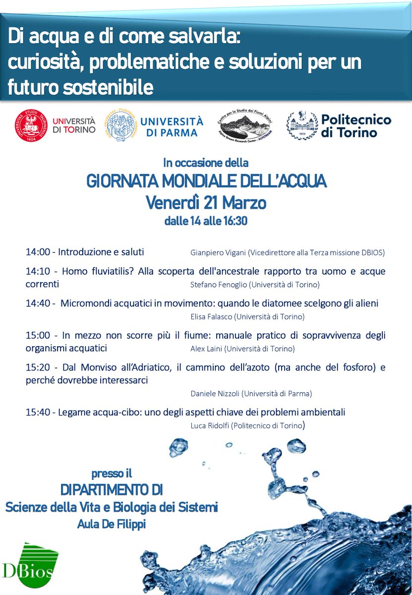 @DBIOSUnito (@dbiosunito) on Twitter photo In occasione della giornata mondiale dell’acqua, ALPSTREAM organizza un pomeriggio di presentazioni aperto al pubblico dal titolo Di acqua e di come salvarla: curiosità, problematiche e soluzioni per un futuro sostenibile. Vi aspettiamo il 21 marzo alle 14 presso il DBIOS
<a href="/unito/">Università di Torino</a> In occasione della giornata mondiale dell’acqua, ALPSTREAM organizza un pomeriggio di presentazioni aperto al pubblico dal titolo Di acqua e di come salvarla: curiosità, problematiche e soluzioni per un futuro sostenibile. Vi aspettiamo il 21 marzo alle 14 presso il DBIOS
<a href="/unito/">Università di Torino</a>