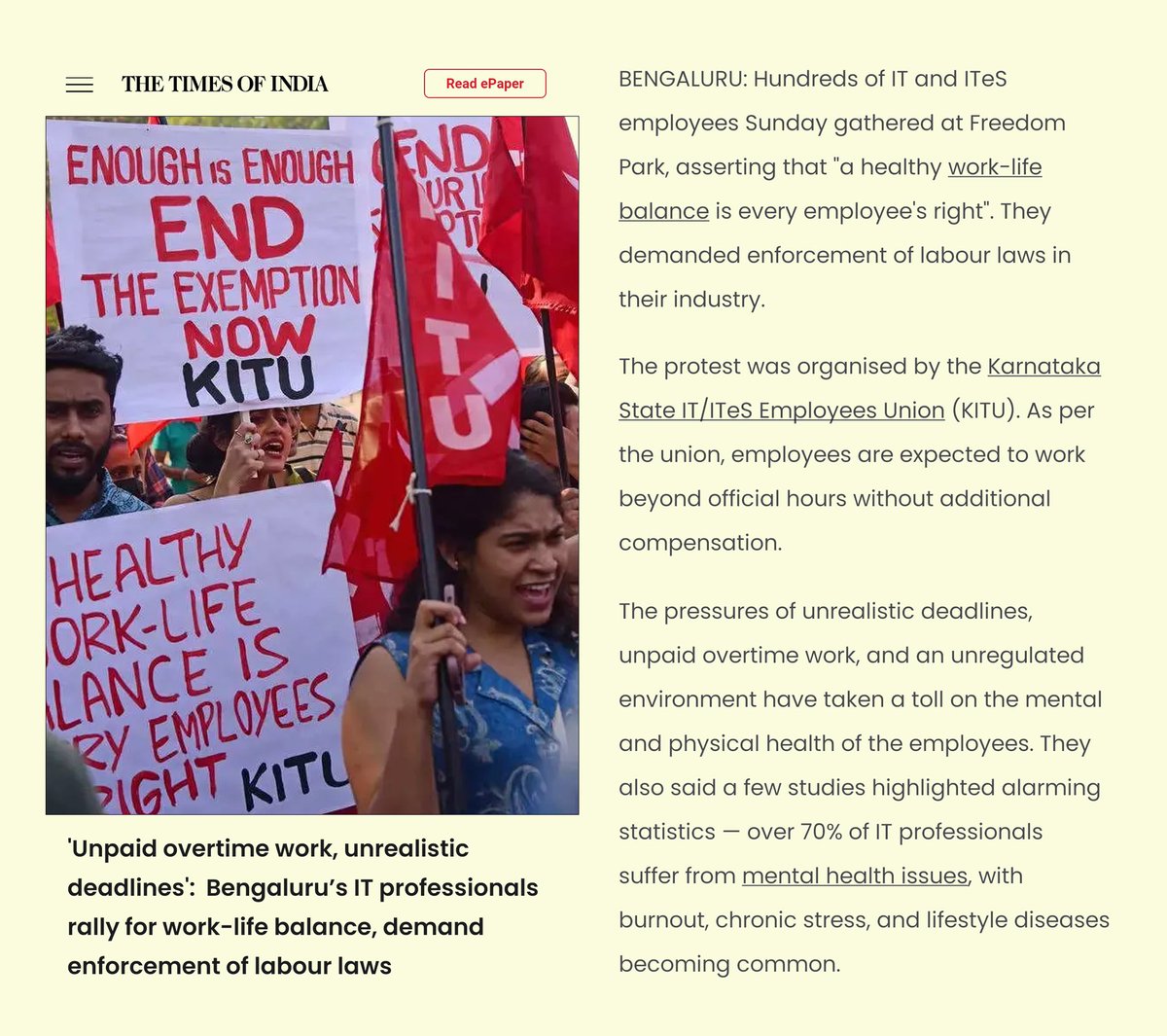 kitu_hq's tweet photo. 'The Times of India' reports on the mass gathering of IT employees in Bangalore, organized by the Karnataka State IT/ITeS Employees Union (KITU), demanding a healthy work-life balance.
#WorkLifeBalance https://t.co/9cvyhVq4zy