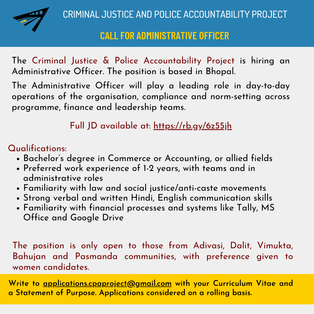🌟HIRING ALERT🌟
We’re looking for an Administrative Officer to join our team in Bhopal. Applications are rolling but we would prefer to bring someone onboard soon! Link to full JD is in our poster. Please write to applications.cpaprojectindia@gmail.com for any clarifications.