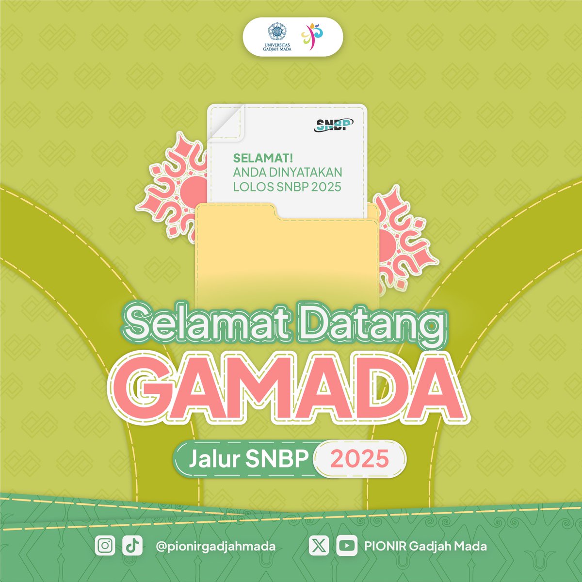 Selamat sore, Gadjah Mada!

Setelah melewati perjuangan yang panjang, momen yang dinantikan akhirnya tiba. Perjuangan dan penantian kini terbayar. 

Selamat bergabung di Universitas Gadjah Mada. Mari mengukir cerita dan menjelajah pertualangan hebat lainnya!