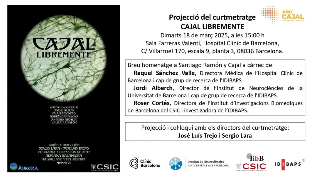 idibaps's tweet photo. AVUI‼️

Homenatge a Santiago Ramon y Cajal amb la projecció del curtmetratge "Cajal Libremente"

📆18/03 - 15h
📍 Sala Farreras Valentí de l'Hospital Clínic

👉https://t.co/l9qGno5bG0 https://t.co/yDgNgCBNzh