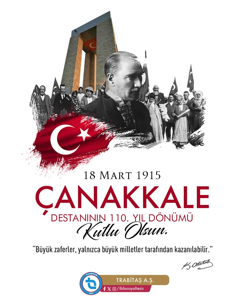 18 Mart Çanakkale Zaferi’nin 110. yılını gurur ve minnetle kutluyor; başta Gazi Mustafa Kemal Atatürk ve silah arkadaşları olmak üzere tüm şehitlerimizi rahmet ve minnetle anıyoruz. 🇹🇷

<a href="/TrabzonBelTr/">Trabzon Büyükşehir Belediyesi</a>