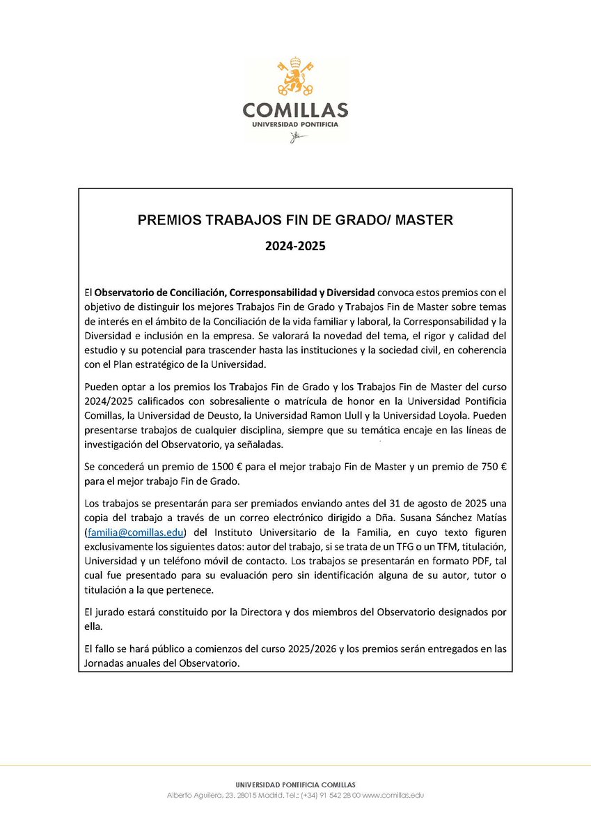Comillas Instituto Familia (@comillasfamilia) on Twitter photo Si eres alumno de <a href="/UCOMILLAS/">Universidad Pontificia Comillas</a>, <a href="/deusto/">Universidad Deusto - Deustuko Unibertsitatea</a>, <a href="/uramonllull/">U. Ramon Llull (URL)</a>, o <a href="/LoyolaAnd/">Universidad Loyola</a> y tu TFG o TFM 24/25 trata sobre conciliación, corresponsabilidad o diversidad y ha sido calificado con sobresaliente o MH ¡preséntate a los premios del Observatorio!
comillas.edu/noticias/se-co… Si eres alumno de <a href="/UCOMILLAS/">Universidad Pontificia Comillas</a>, <a href="/deusto/">Universidad Deusto - Deustuko Unibertsitatea</a>, <a href="/uramonllull/">U. Ramon Llull (URL)</a>, o <a href="/LoyolaAnd/">Universidad Loyola</a> y tu TFG o TFM 24/25 trata sobre conciliación, corresponsabilidad o diversidad y ha sido calificado con sobresaliente o MH ¡preséntate a los premios del Observatorio!
comillas.edu/noticias/se-co…