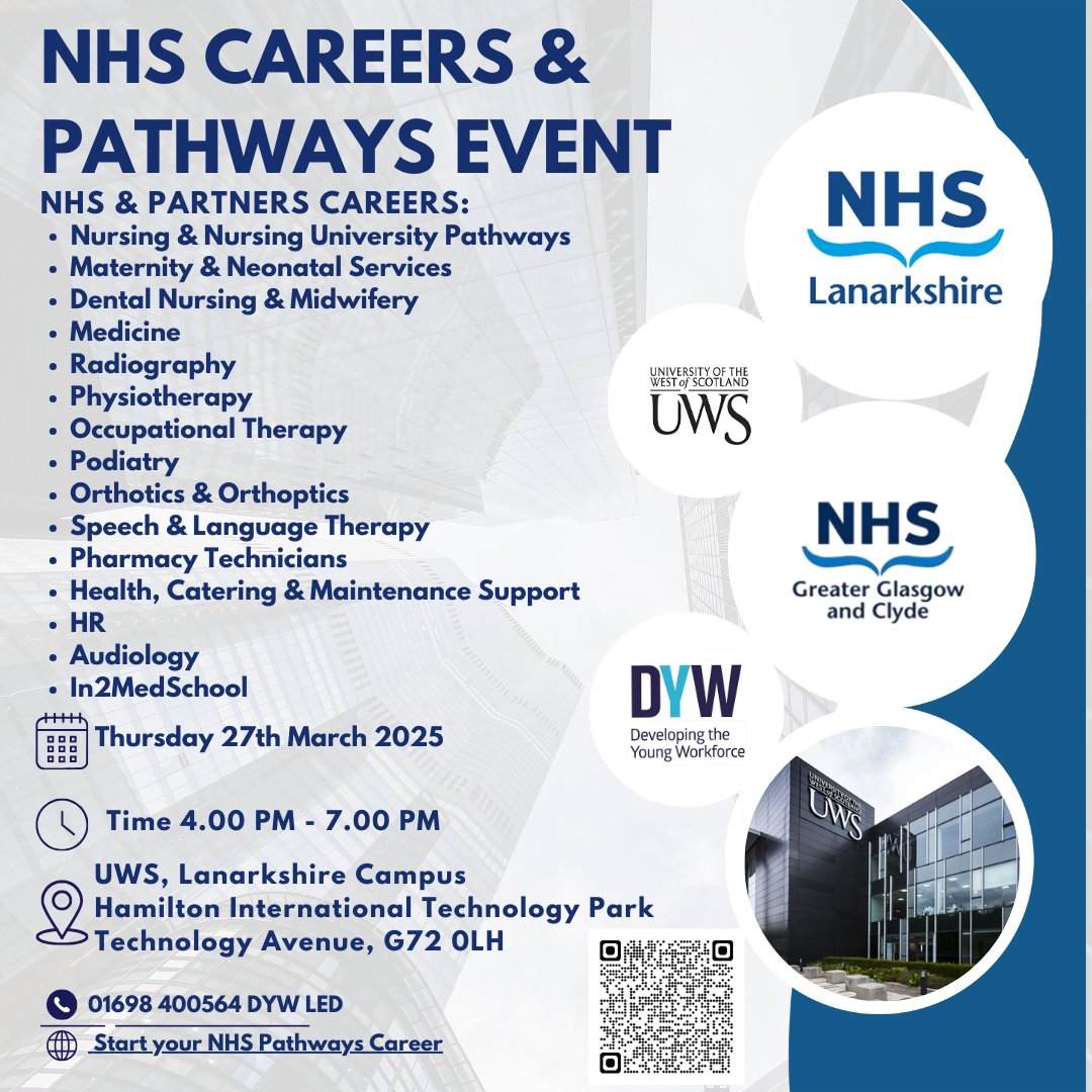 📣 Calling all #DYW schools, pupils, parents &amp; #NHS job seekers. 👩‍⚕️ 👨‍⚕️
 
Our <a href="/NHSScotCareers/">NHSScotland Careers</a> &amp; Pathways Event will take place at <a href="/UniWestScotland/">UWS</a> Lanarkshire Campus on Thursday 27th March 4-7pm 🗓️ 

Book Here:  bit.ly/4bRdmYS👈 
#NHS #UWS #DYW