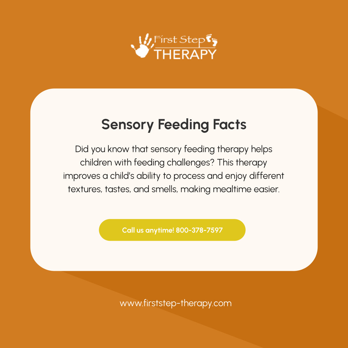 FirstStepTLLC's tweet photo. Sensory feeding therapy helps children overcome challenges with different food textures. It’s a wonderful way to support your child’s growth and comfort. Reach out to learn more! 

#OrangeCityFL #PediatricTherapyClinic #SensoryFeeding https://t.co/UIHXFjLRa2